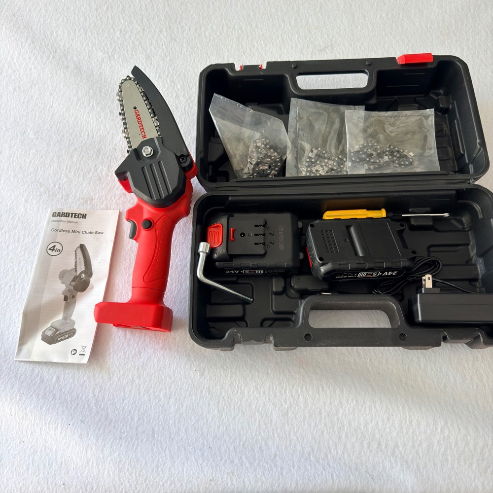 GARDTECH 24V 4 Inch Cordless Mini Chainsaw 2 Batteries Extra Chains Case Unused